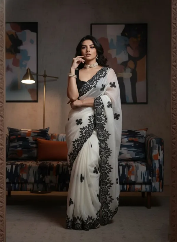 Off-White_And_Black_Wedding_Wear_Fendy_Chiffon_Saree_For_Women
