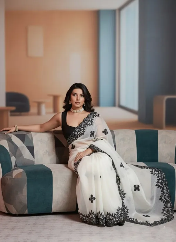 Off-White_And_Black_Wedding_Wear_Fendy_Chiffon_Saree_For_Women