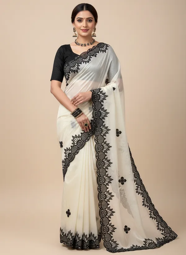 Off-White_And_Black_Wedding_Wear_Fendy_Chiffon_Saree_For_Women