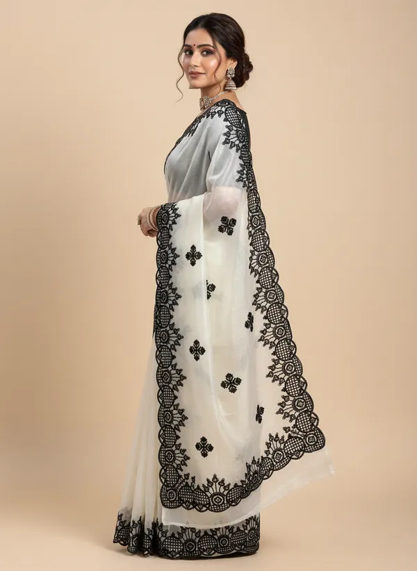 Off-White_And_Black_Wedding_Wear_Fendy_Chiffon_Saree_For_Women