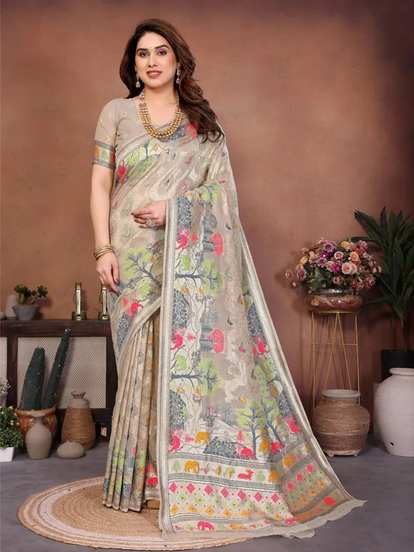 Ivory_Beige_&_Soft_Gold_Wedding_Wear_Pashmina_Silk_Saree_–_New_Pashmina_Weaving_Collection