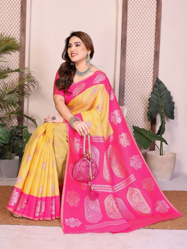 Mustard_Yellow_&_Rani_Pink_Wedding_Wear_Banarasi_Silk_Saree_with_Heavy_Zari_Woven_Pallu