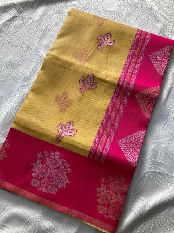 Mustard_Yellow_&_Rani_Pink_Wedding_Wear_Banarasi_Silk_Saree_with_Heavy_Zari_Woven_Pallu