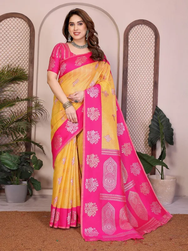 Mustard_Yellow_&_Rani_Pink_Wedding_Wear_Banarasi_Silk_Saree_with_Heavy_Zari_Woven_Pallu