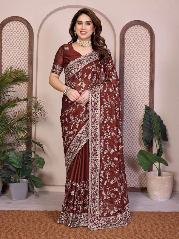 Wine_Maroon_Party_Wear_Rangoli_Silk_Saree_with_Embroidery_Cutwork_Aarco_Border