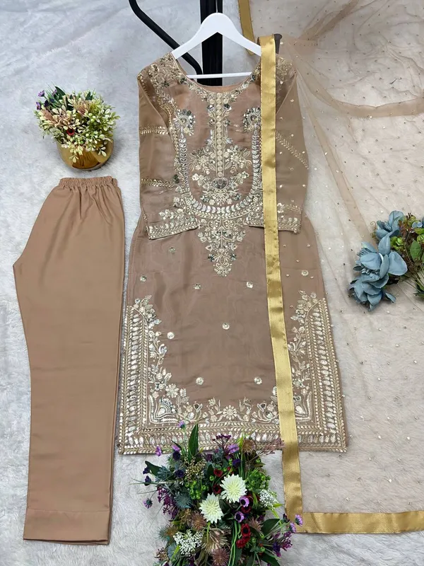Coffee_Brown_Embroidered_Silk_Kurta_Set_with_Organza_Dupatta