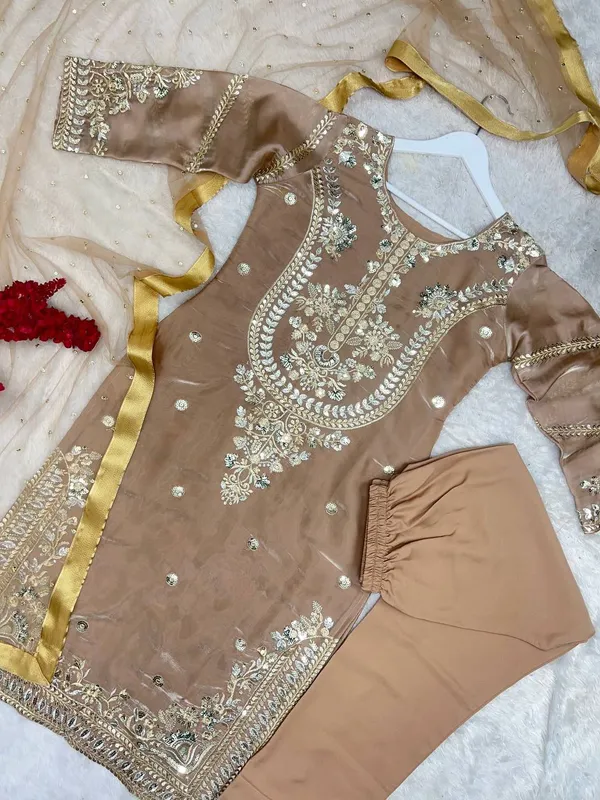 Coffee_Brown_Embroidered_Silk_Kurta_Set_with_Organza_Dupatta