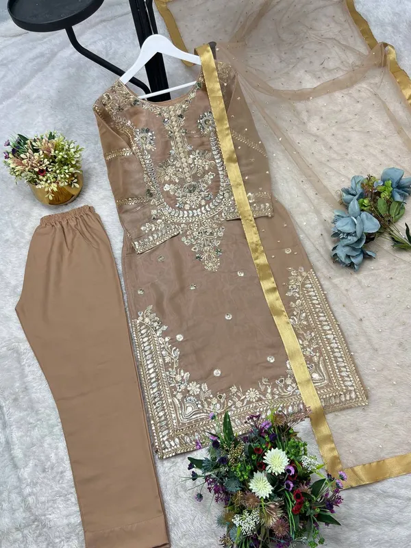 Coffee_Brown_Embroidered_Silk_Kurta_Set_with_Organza_Dupatta