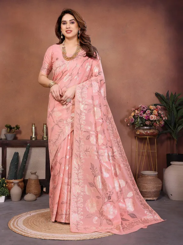 Peach_Rose_Glow_Floral_Pashmina_Silk_Wedding_Saree