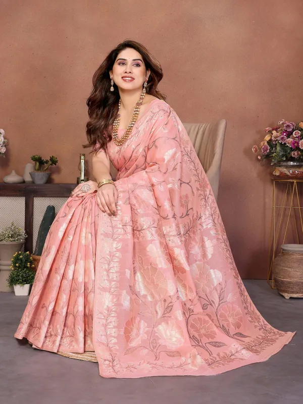 Peach_Rose_Glow_Floral_Pashmina_Silk_Wedding_Saree