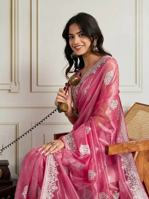 Pink_Color_Twill_Net_Fabric_Embroidery_Work_Ethnic_Partywear_Saree