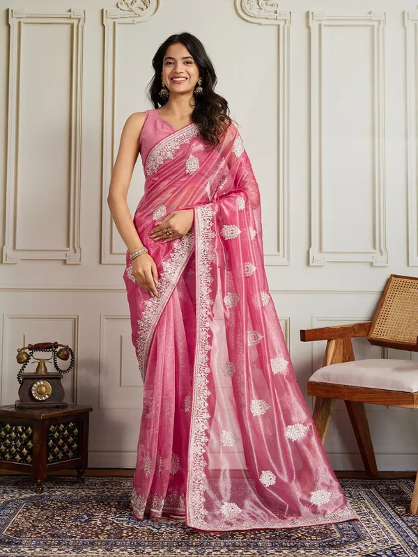 Pink_Color_Twill_Net_Fabric_Embroidery_Work_Ethnic_Partywear_Saree