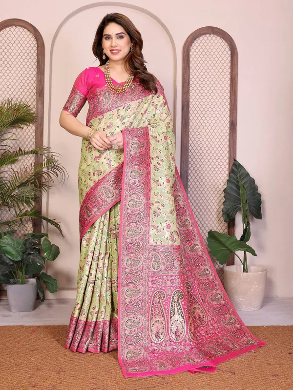 Pista_Green_&_Rani_Pink_Wedding_Wear_Pashmina_Silk_Saree_with_Kashmiri_Thread_Woven_Pallu