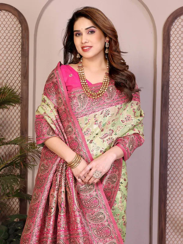 Pista_Green_&_Rani_Pink_Wedding_Wear_Pashmina_Silk_Saree_with_Kashmiri_Thread_Woven_Pallu