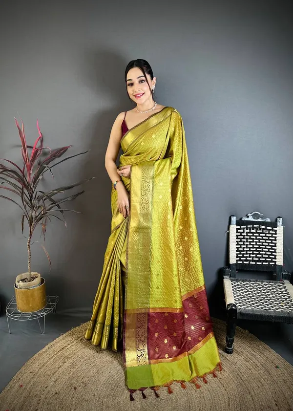 Premium_Mehendi_Green_Banarasi_Tissue_Silk_Saree_with_Zari_Butti_&_Contrast_Border