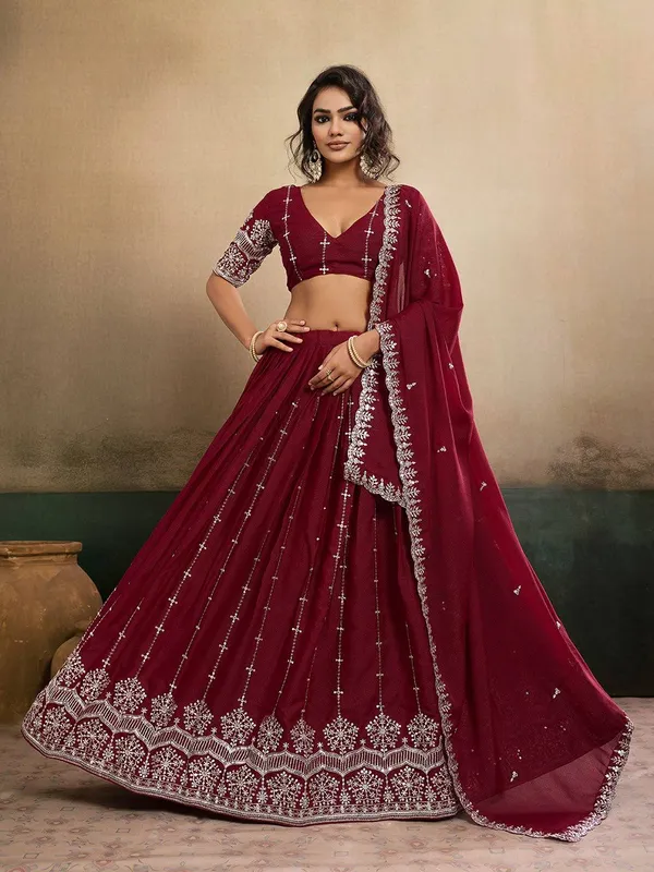 Royal_Maroon_Embroidered_Star_Georgette_Lehenga_Choli_with_Designer_Dupatta