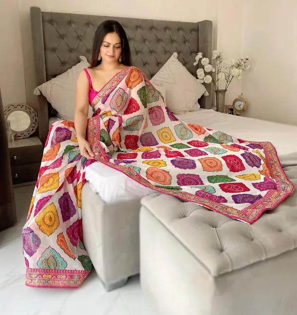 Ivory_White_Party_Wear_Soft_Georgette_Bandhej_Saree_with_Multi_Embroidery_Lace_Border
