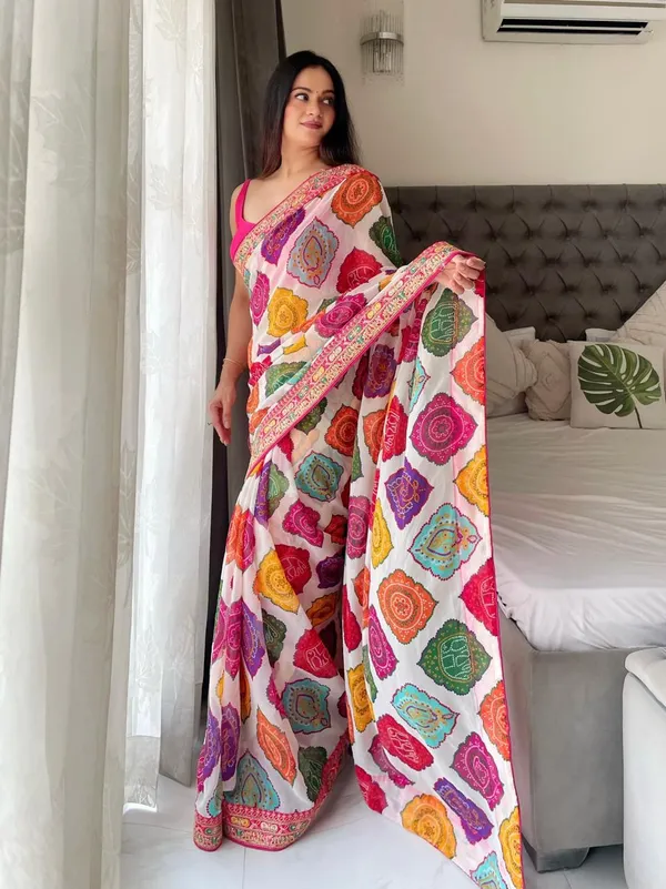 Ivory_White_Party_Wear_Soft_Georgette_Bandhej_Saree_with_Multi_Embroidery_Lace_Border