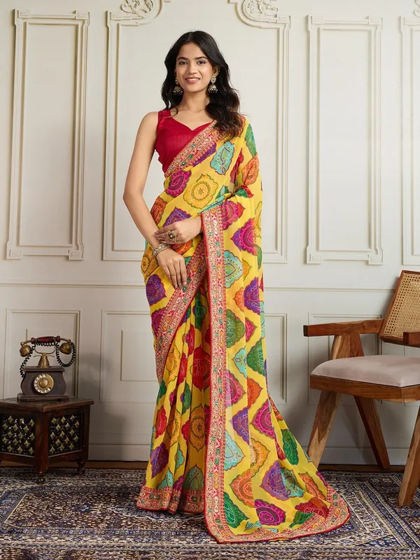 Sunshine_Yellow_Party_Wear_Soft_Georgette_Bandhej_Saree_with_Multi_Embroidery_Lace_Border