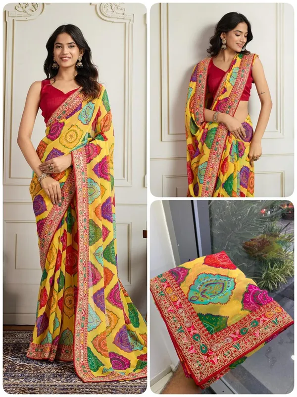 Sunshine_Yellow_Party_Wear_Soft_Georgette_Bandhej_Saree_with_Multi_Embroidery_Lace_Border