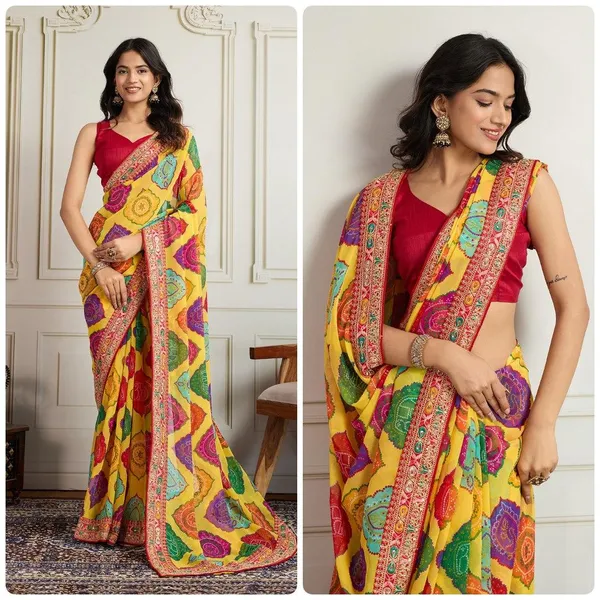 Sunshine_Yellow_Party_Wear_Soft_Georgette_Bandhej_Saree_with_Multi_Embroidery_Lace_Border