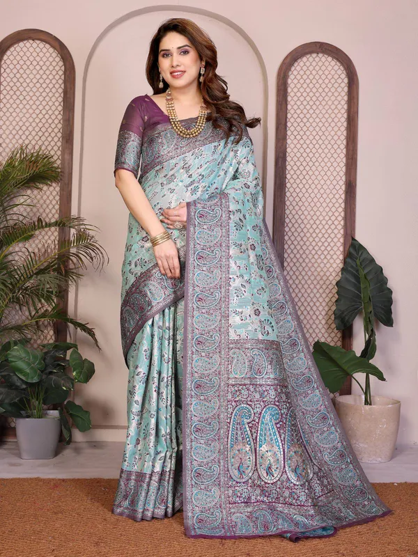Sea_Green_&_Wine_Wedding_Wear_Pashmina_Silk_Saree_with_Kashmiri_Thread_Woven_Pallu