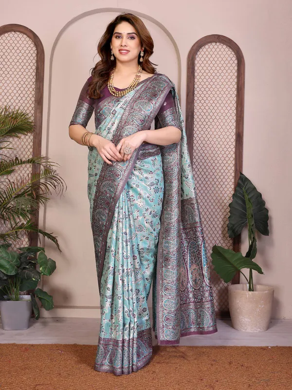 Sea_Green_&_Wine_Wedding_Wear_Pashmina_Silk_Saree_with_Kashmiri_Thread_Woven_Pallu