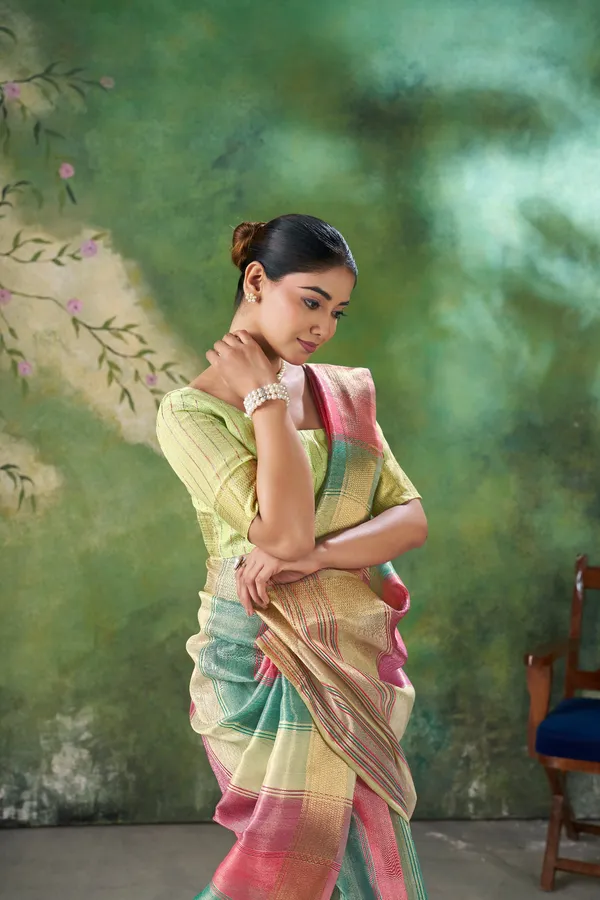 Soft_Linen_Cotton_Silk_Saree_with_Gold_Zari_Weaving_–_Multicolor_Pastel_Wedding_&_Party_Wear