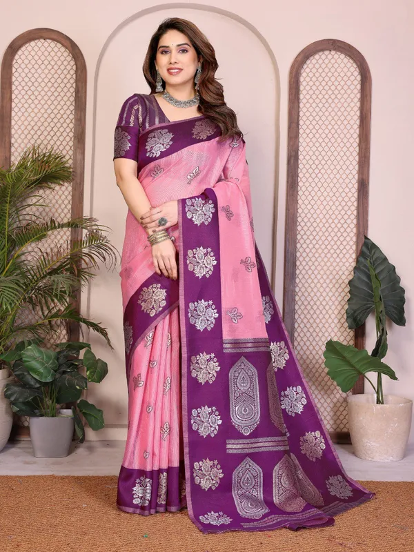 Soft_Pink_&_Royal_Purple_Wedding_Wear_Banarasi_Silk_Saree_with_Heavy_Zari_Woven_Pallu