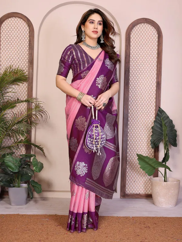 Soft_Pink_&_Royal_Purple_Wedding_Wear_Banarasi_Silk_Saree_with_Heavy_Zari_Woven_Pallu