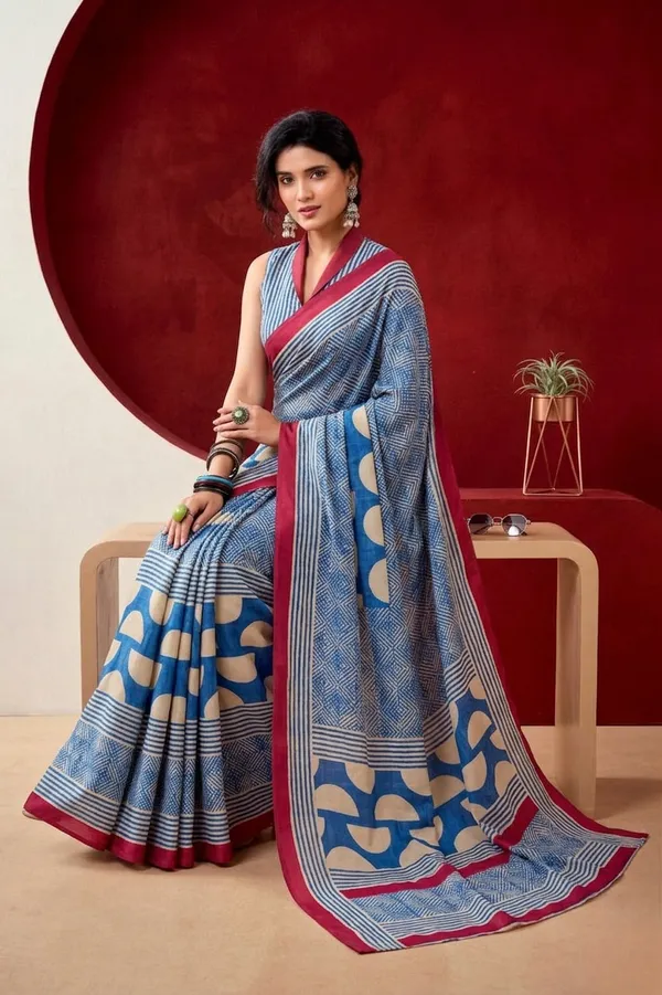 Stylish_Blue_Japan_Satin_Saree_with_Digital_Print_&_Maroon_Border