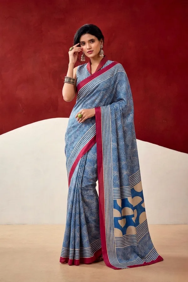 Stylish_Blue_Japan_Satin_Saree_with_Digital_Print_&_Maroon_Border