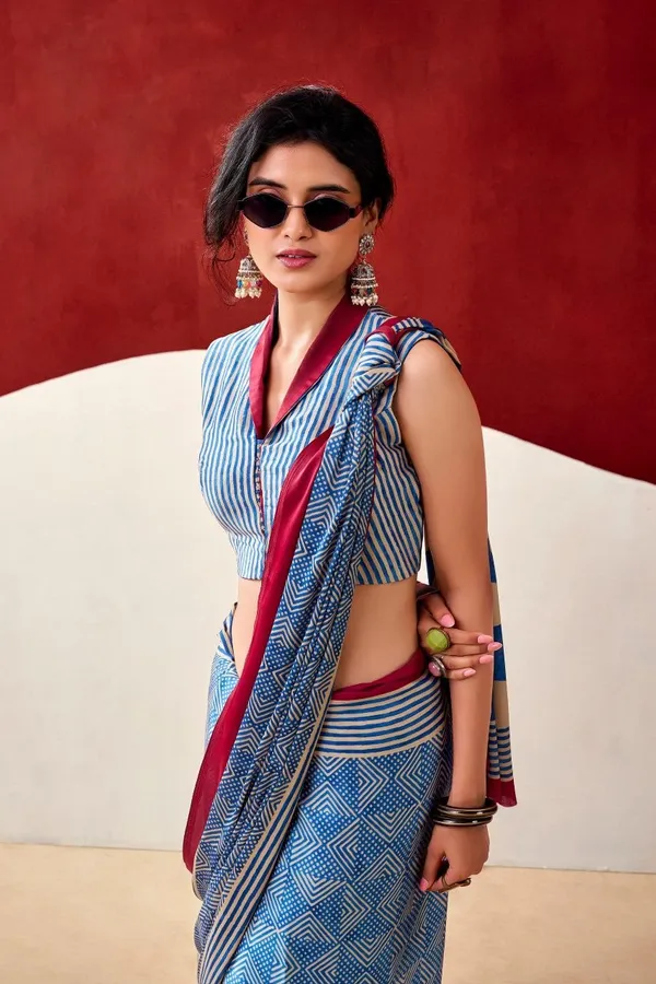Stylish_Blue_Japan_Satin_Saree_with_Digital_Print_&_Maroon_Border