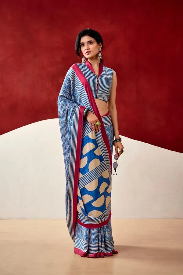 Stylish_Blue_Japan_Satin_Saree_with_Digital_Print_&_Maroon_Border