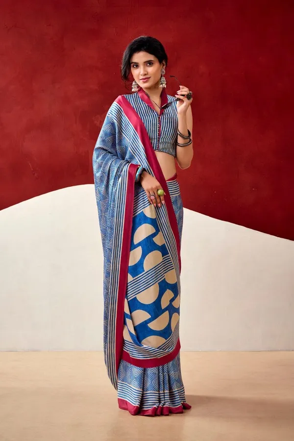 Stylish_Blue_Japan_Satin_Saree_with_Digital_Print_&_Maroon_Border