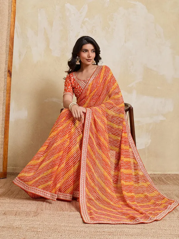 Sunset_Rani_Orange_Laheriya_Bandhej_Georgette_Saree