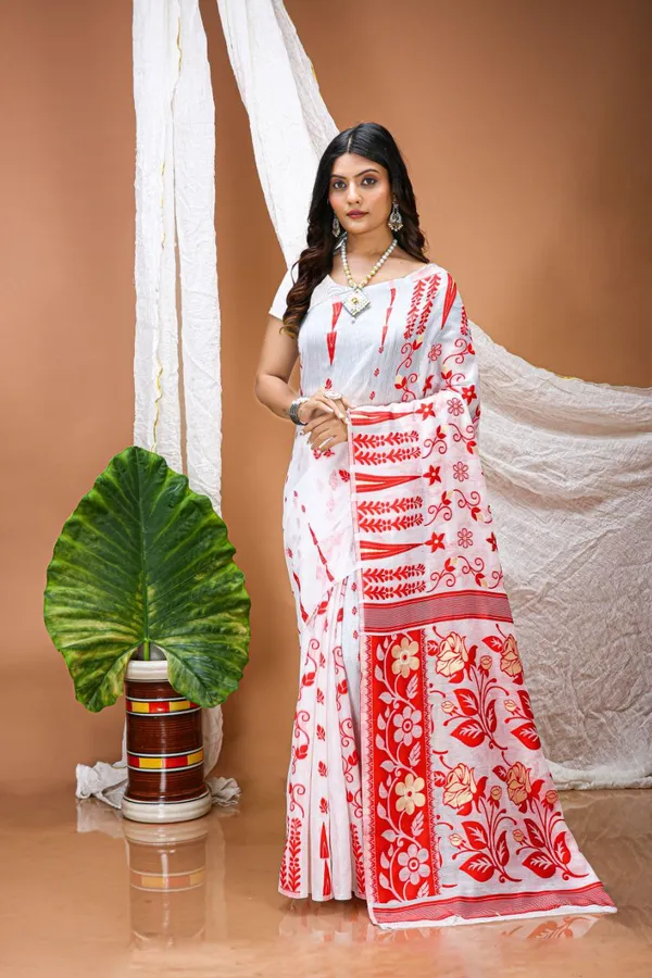 Traditional_White_&_Red_Linen_Slub_Cotton_Saree_With_Designer_Weaving