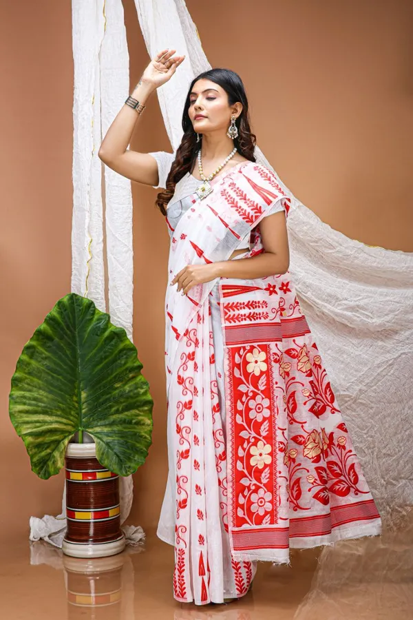 Traditional_White_&_Red_Linen_Slub_Cotton_Saree_With_Designer_Weaving