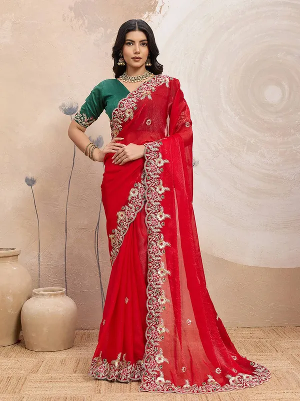 Red_Party_Wear_Soft_Space_Silk_Saree_For_Women