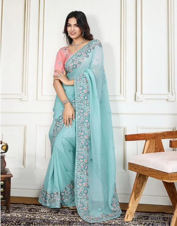 Mint_Teal_Wedding_Wear_Star_Georgette_Saree_For_Women