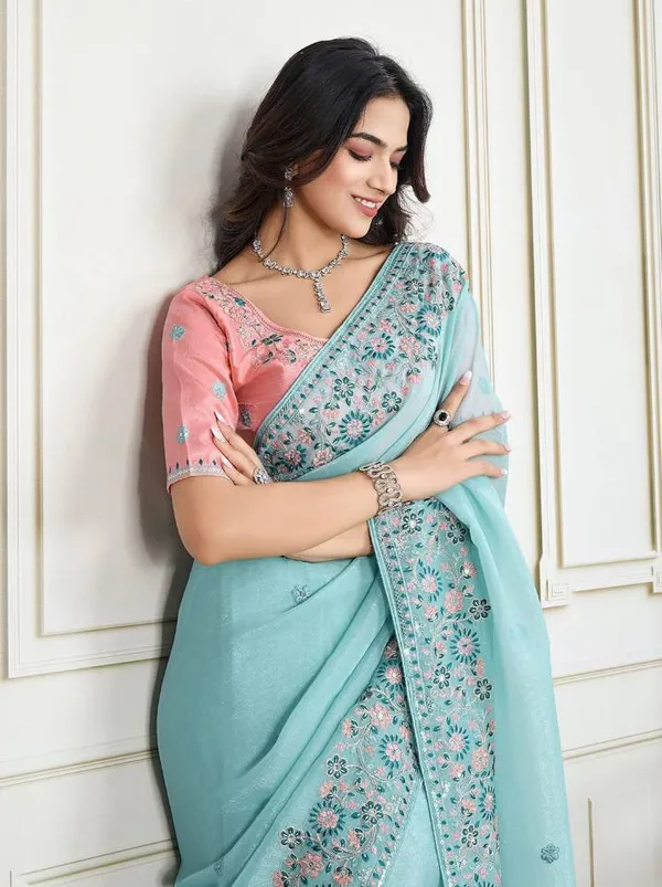 Mint_Teal_Wedding_Wear_Star_Georgette_Saree_For_Women
