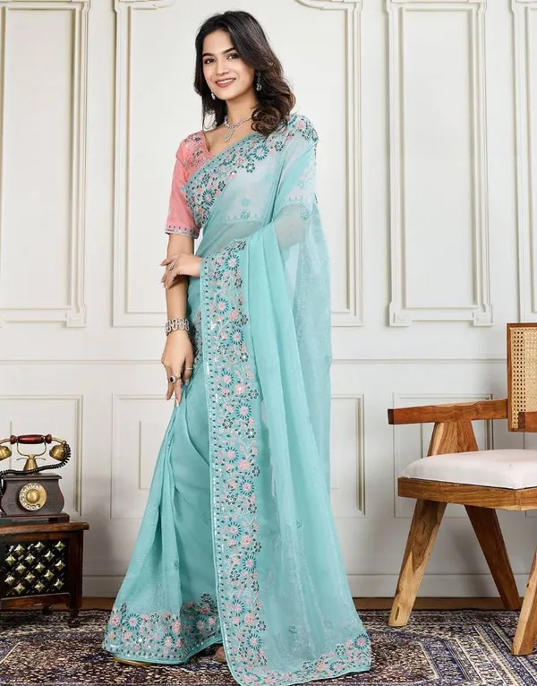 Mint_Teal_Wedding_Wear_Star_Georgette_Saree_For_Women