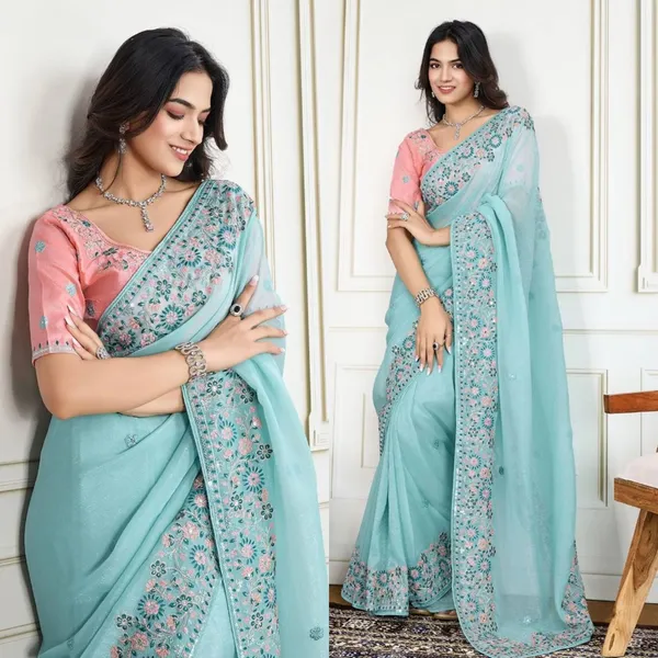 Mint_Teal_Wedding_Wear_Star_Georgette_Saree_For_Women