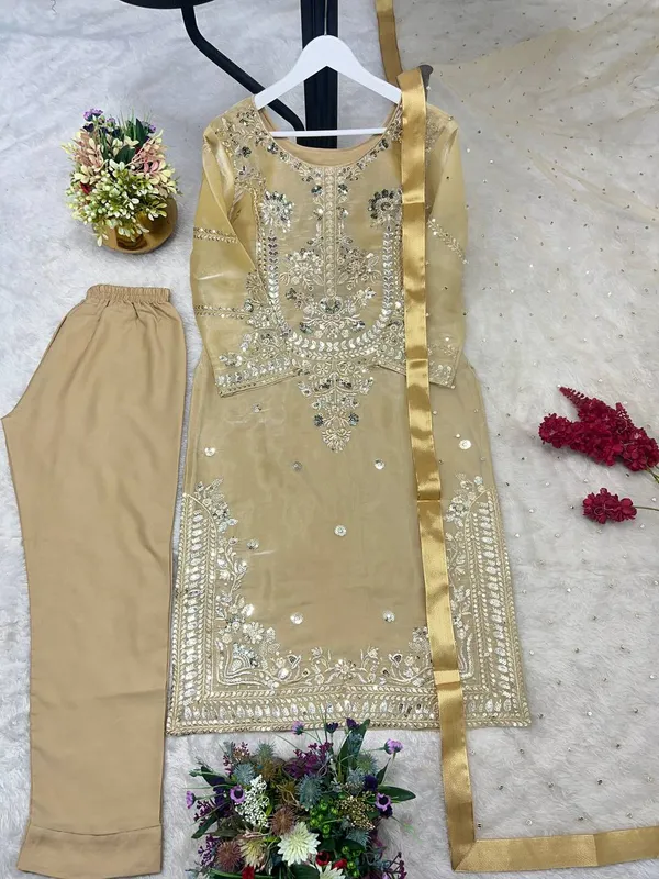 Golden_Beige_Embroidered_Silk_Kurta_Set_with_Organza_Dupatta