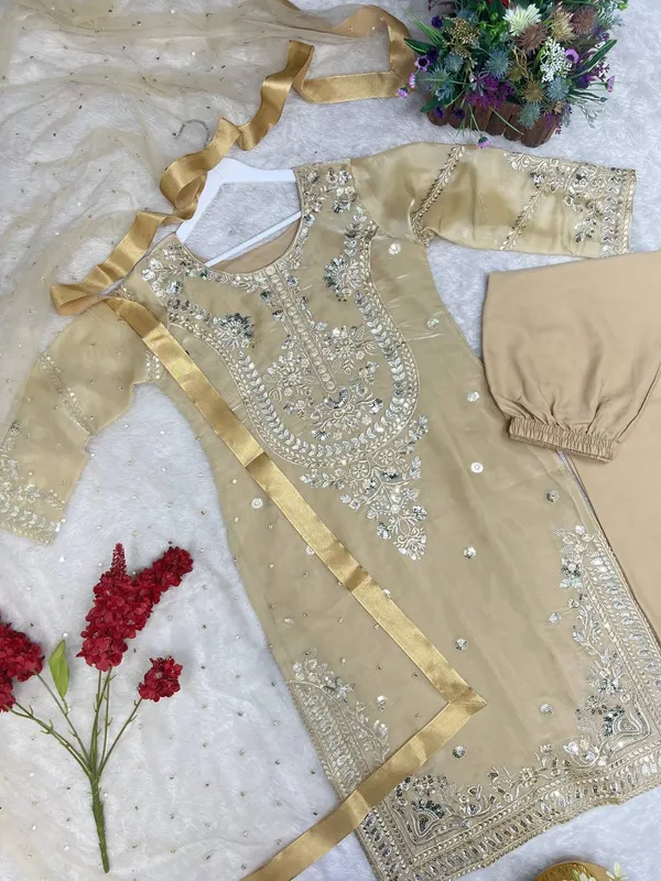 Golden_Beige_Embroidered_Silk_Kurta_Set_with_Organza_Dupatta