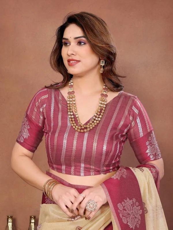 Beige_Cream_&_Wine_Maroon_Wedding_Wear_Banarasi_Silk_Saree_with_Heavy_Zari_Woven_Pallu