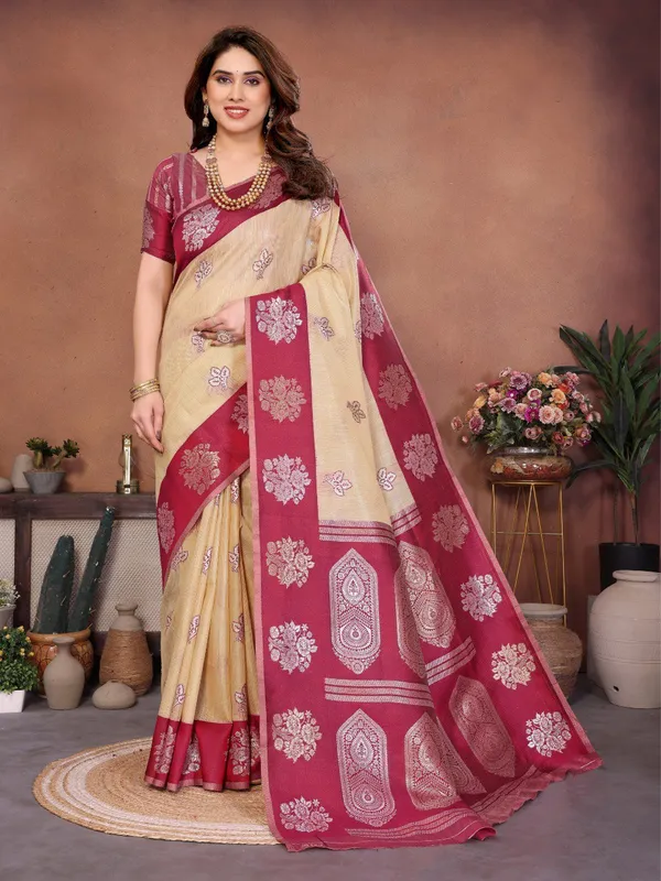 Beige_Cream_&_Wine_Maroon_Wedding_Wear_Banarasi_Silk_Saree_with_Heavy_Zari_Woven_Pallu