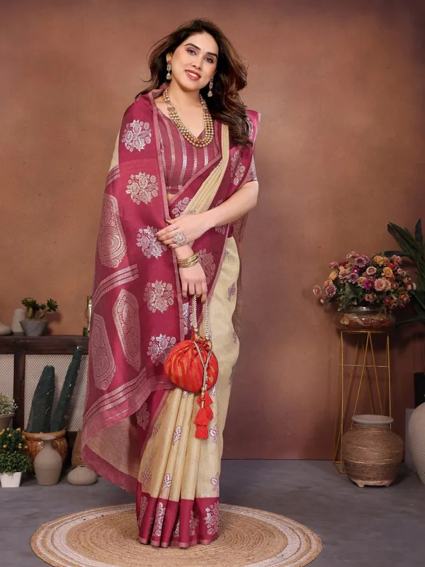 Beige_Cream_&_Wine_Maroon_Wedding_Wear_Banarasi_Silk_Saree_with_Heavy_Zari_Woven_Pallu