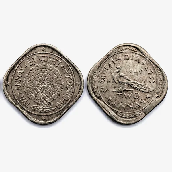 2_Coins_Of_1949_Two_Annas_Standing_&_Seated_Peacock_India_Old_Rare_Set