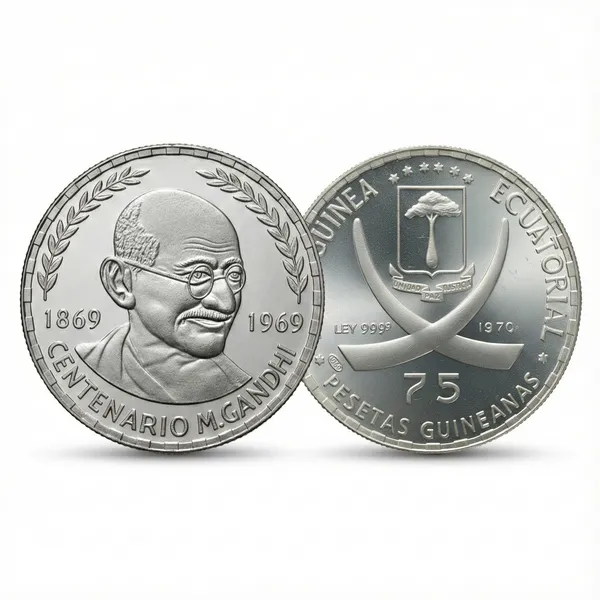 Silver-_Plated_75_Pesetas_Guineanas_1970_Birth_Of_Mahatma_Gandhi_Guinea_Old_Coin
